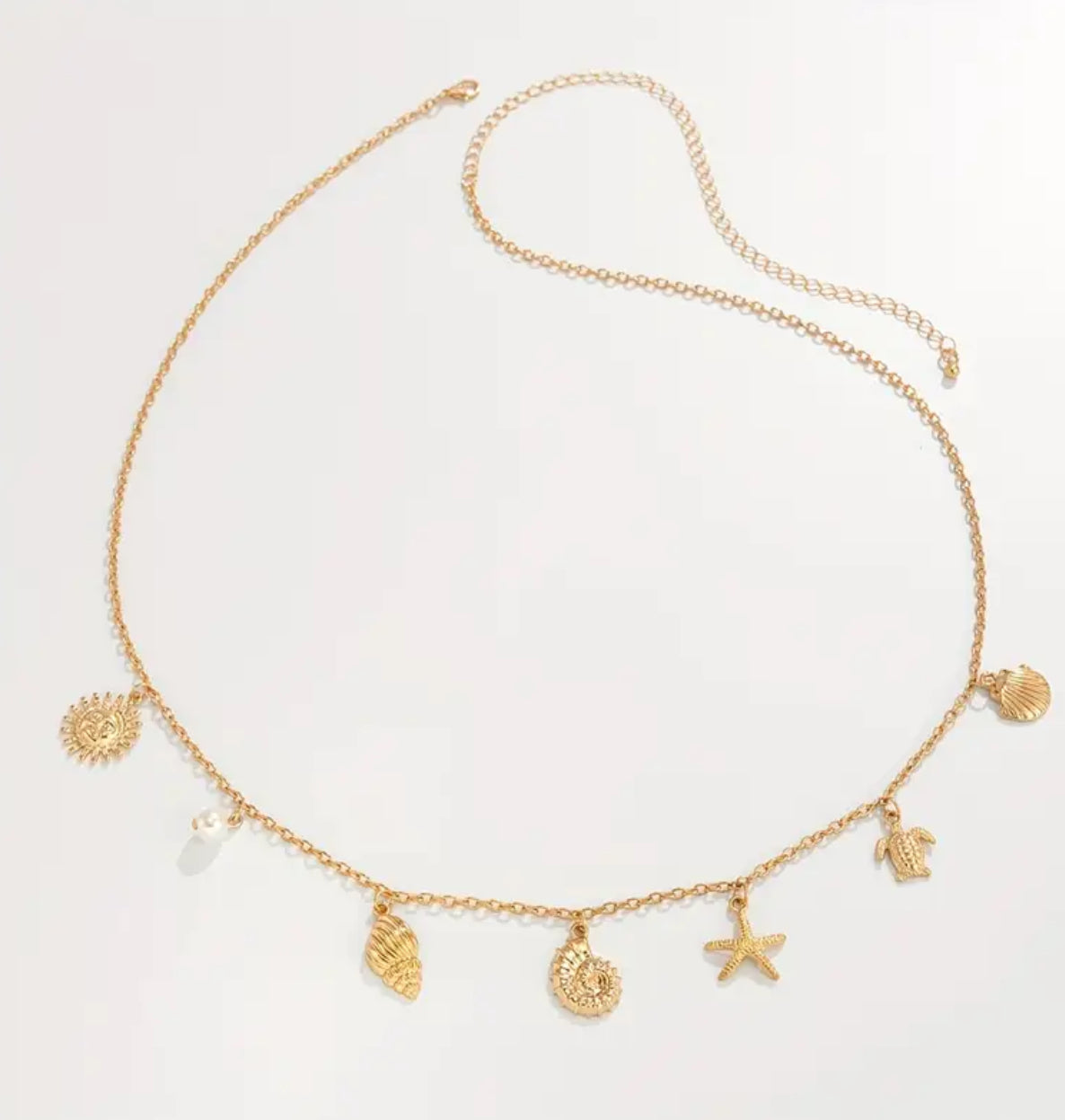 A delicate golden waist chain adorned with seashells, a starfish, and ocean-inspired charms. Designed to capture the essence of summer, it adds a playful yet elegant touch to your swimwear or beachside outfits.